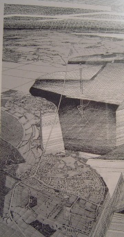 Ausschnitt aus der Graphik "Marler Graben " von  Many Szejstecki 1988. (Reviersteiger auf Bergmannsglück, Zeichner und Radierer. Mitglied der Gelsenkirchener Künstlergruppe "werkstatt".) Standort der Riesenzeichnung&nbsp;: VHS Raum 218, kleiner Druck ist in der Bibliothek vorhanden.